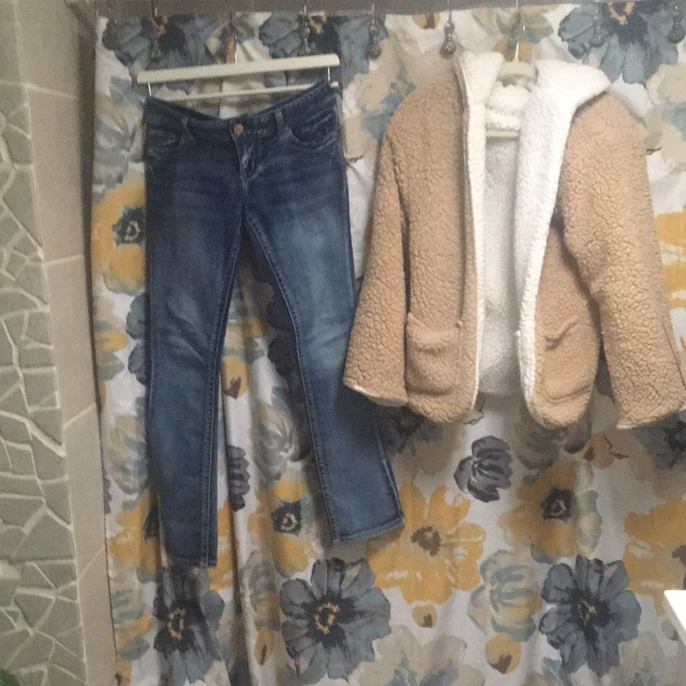 Cozy Tan Sherpa Jacket and Blue Denim Jeans